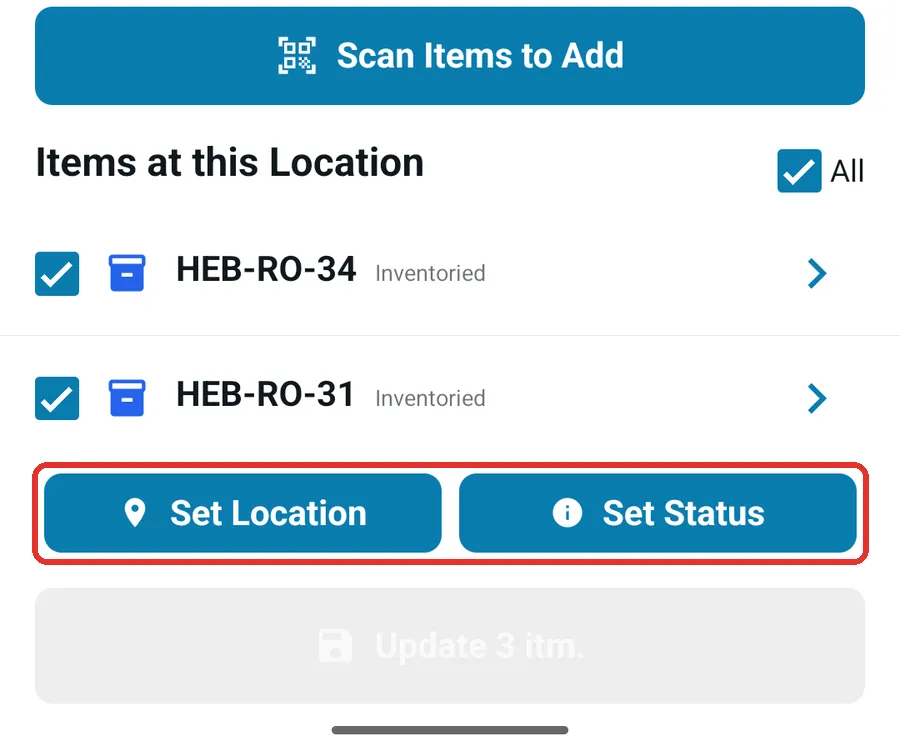A location’s screen with labels ticked and the Set Location and Set Status buttons