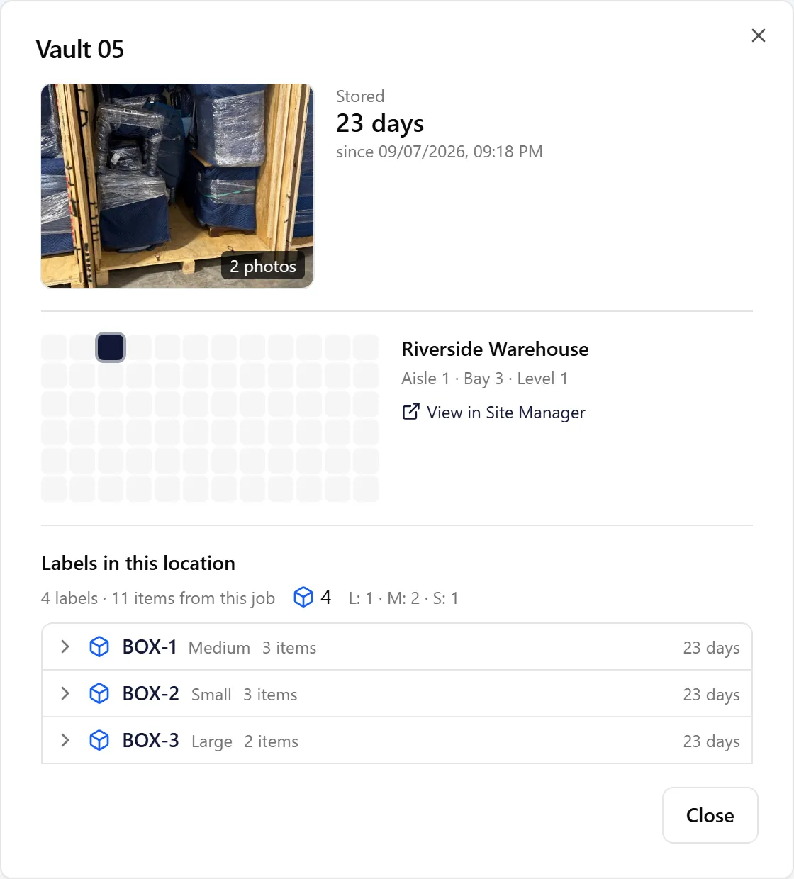 Location dialog with its photo, site map and the labels in it