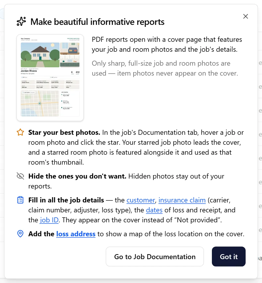 The Make beautiful reports tips, with links to the job’s details