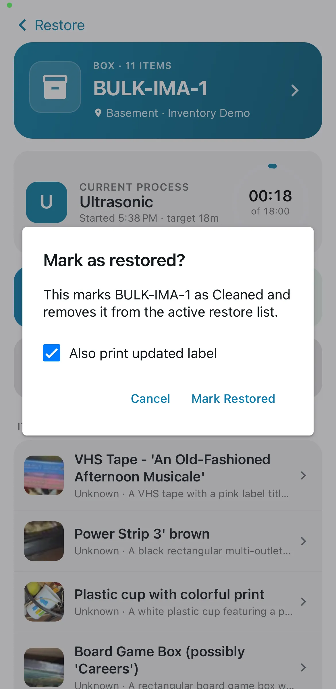 Mark as restored confirmation dialog