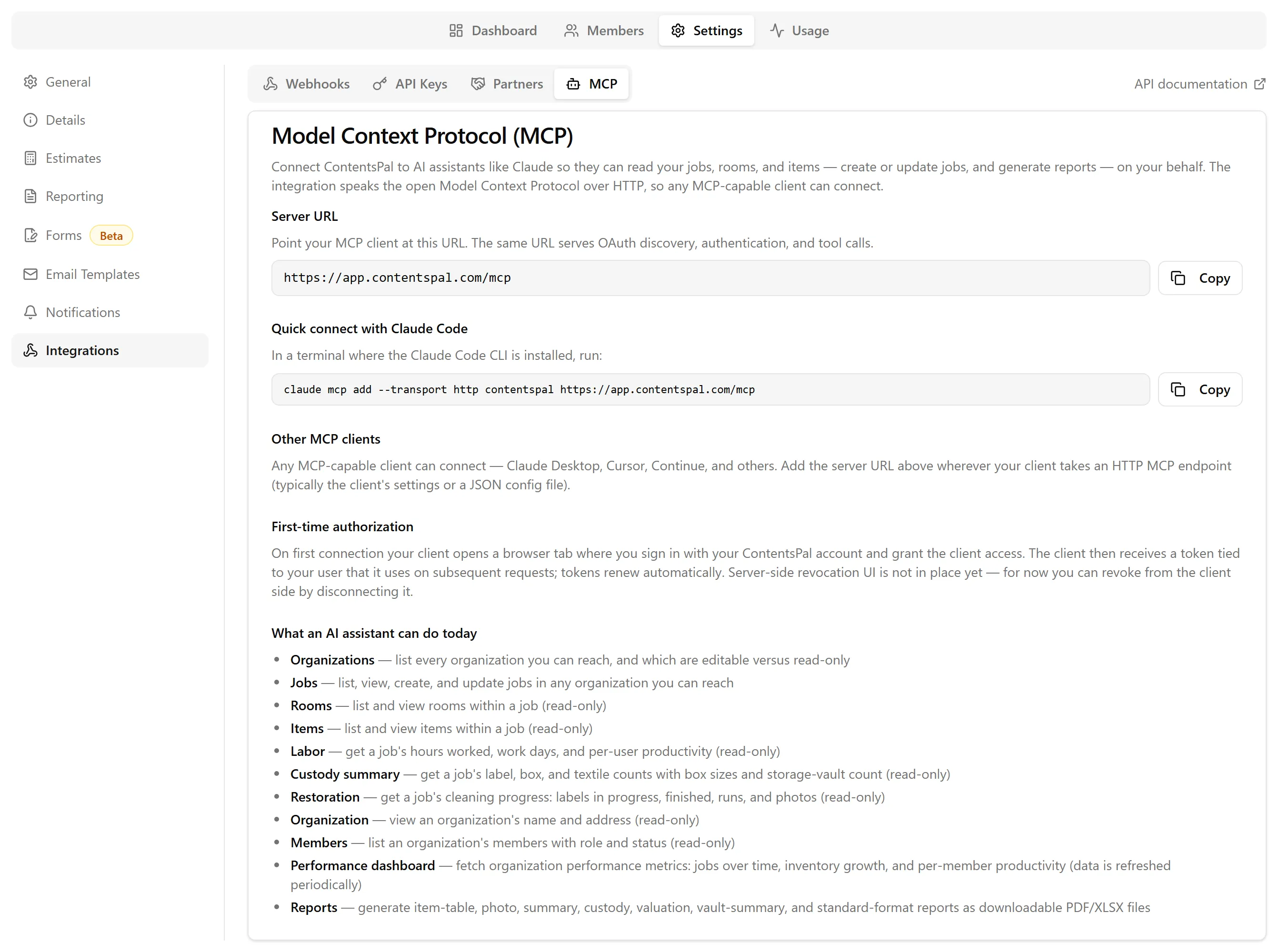 The MCP tab in ContentsPal Settings showing the server URL