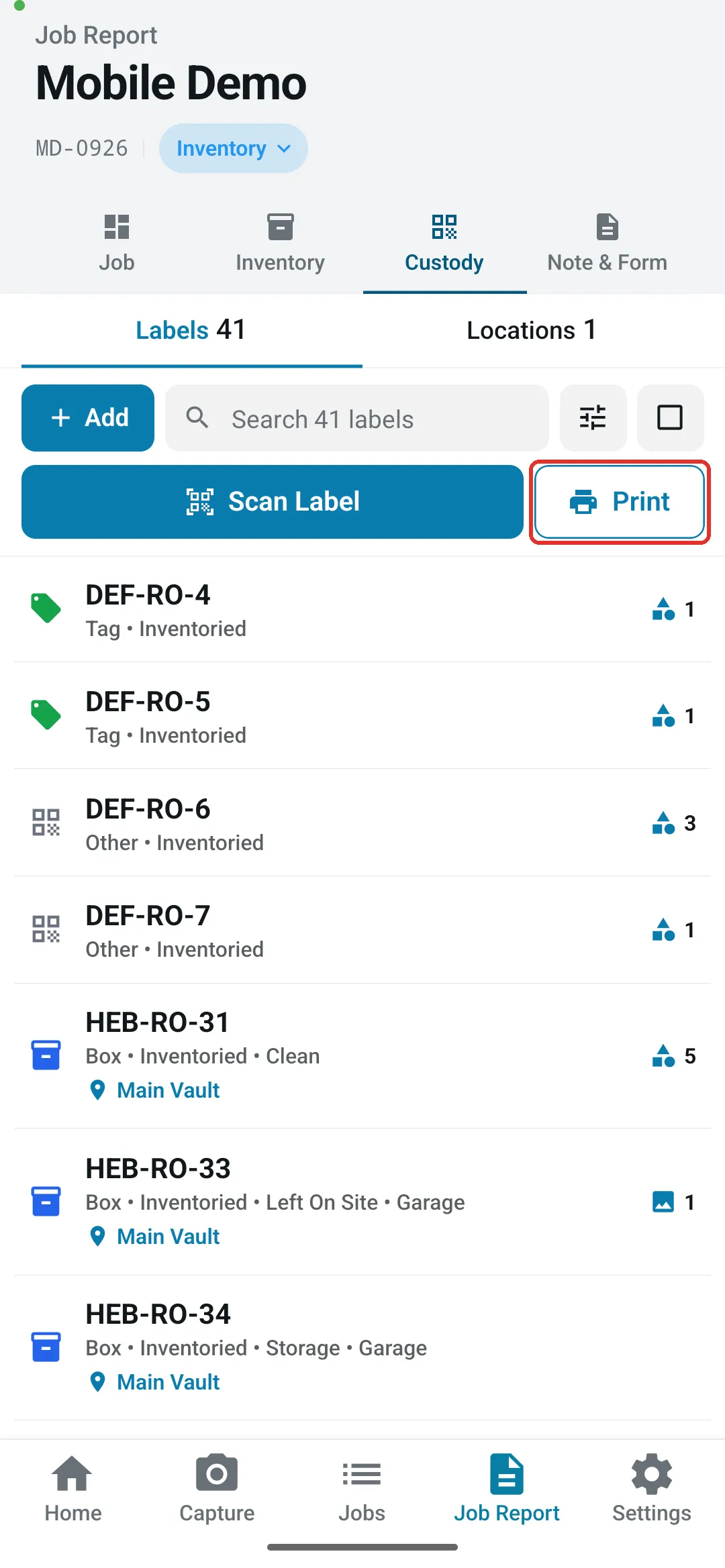 Mobile custody tab with Print button in the toolbar