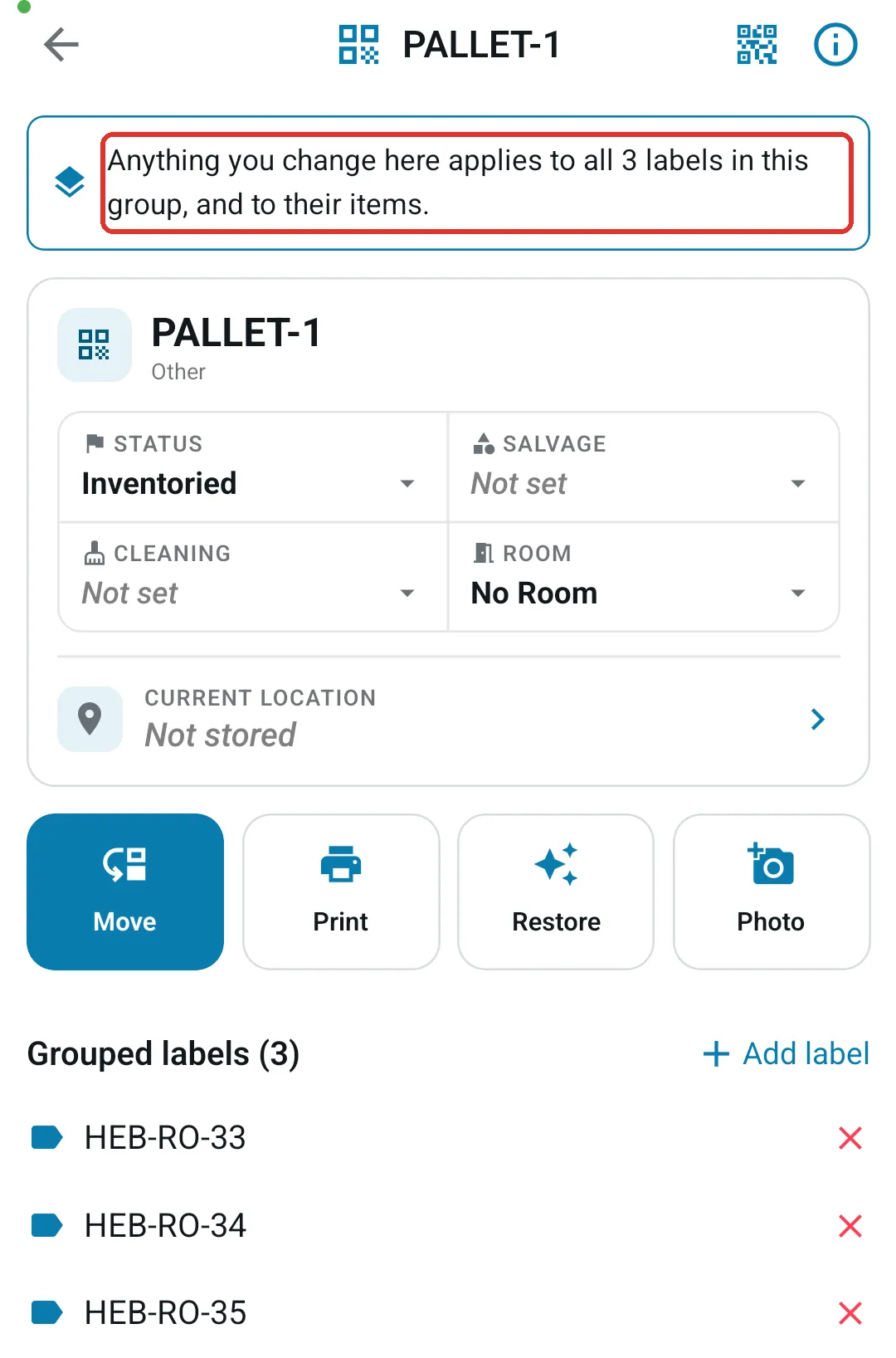 Grouping label screen with its grouped labels