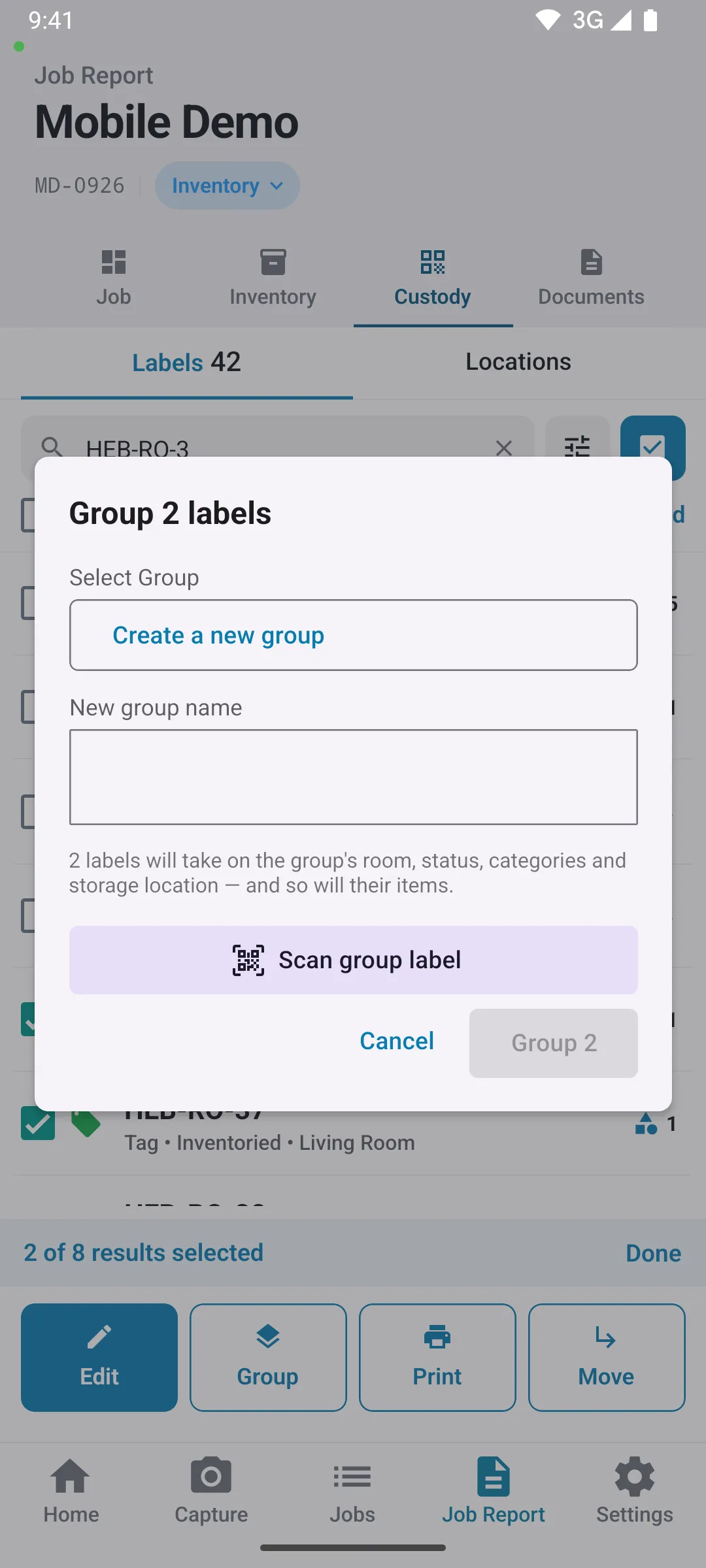 Group sheet in the mobile app