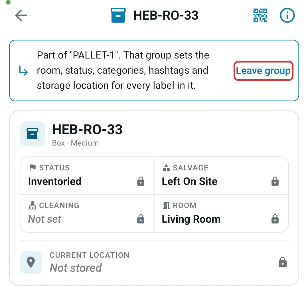 A label in a group on mobile, with Leave group