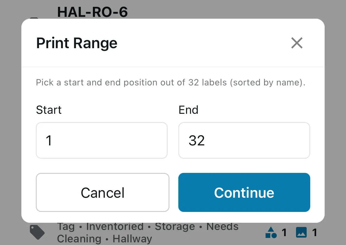 Mobile Print Range dialog with Start and End fields