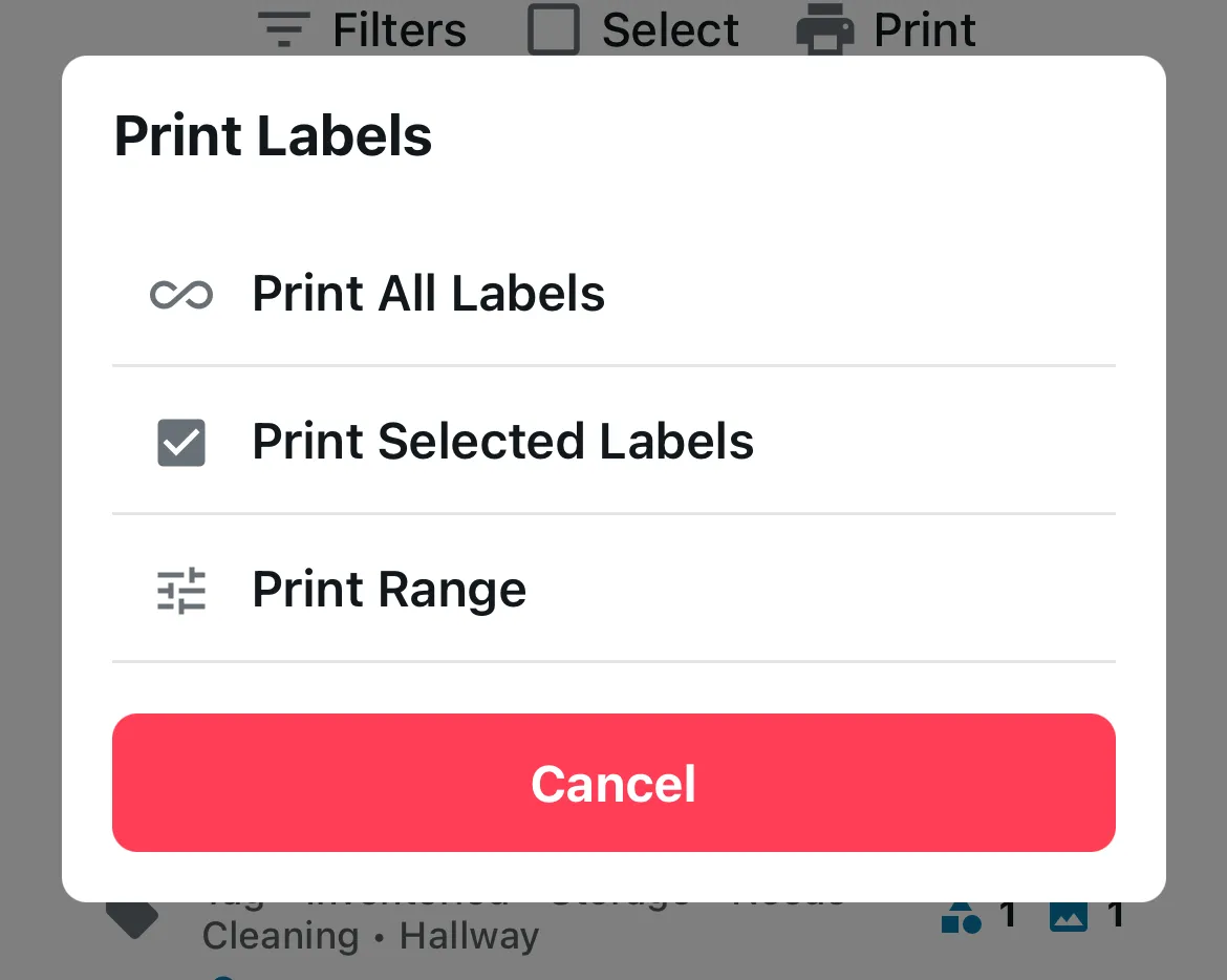 Mobile print scope picker showing All / Selected / Range