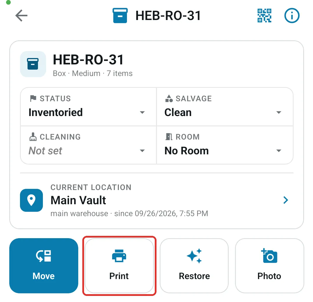 Mobile label detail view with print icon in the header