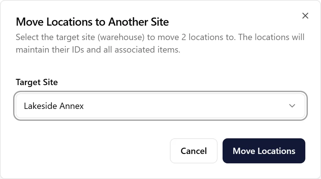 El cuadro de diálogo Move Locations to Another Site con Lakeside Annex elegido