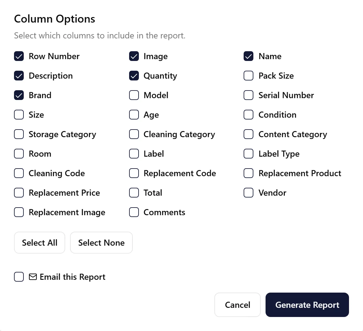 Non-Salvageable Report Column Options