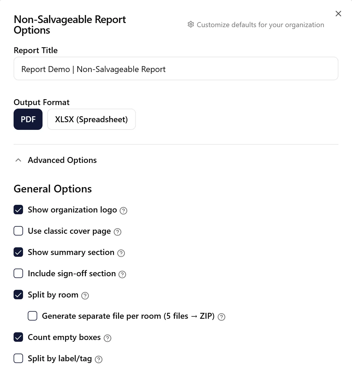 Non-Salvageable Report customization options