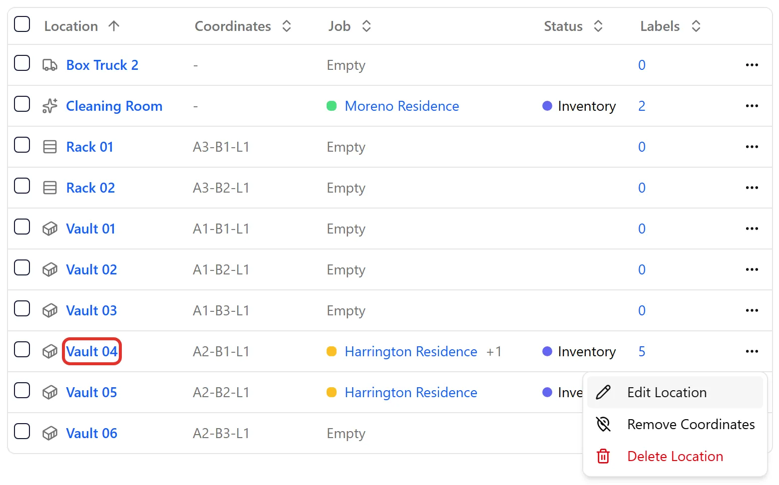 The site table with a location’s name highlighted and its row menu open