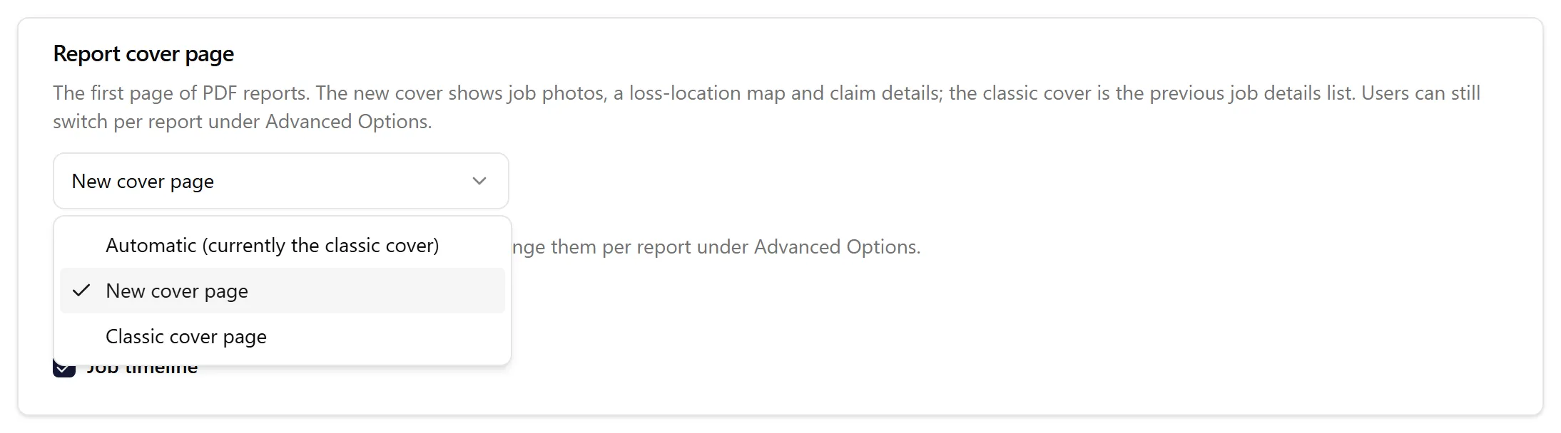 The three choices in the Report cover page dropdown