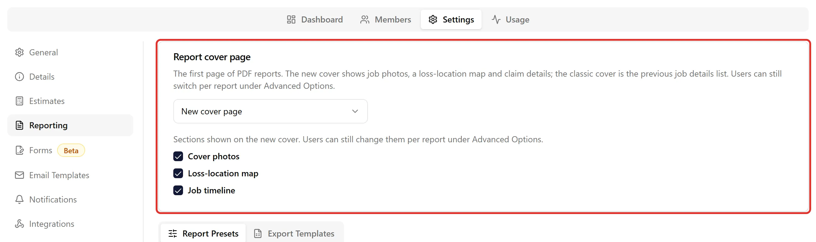 The Report cover page card under Organization Settings → Reporting