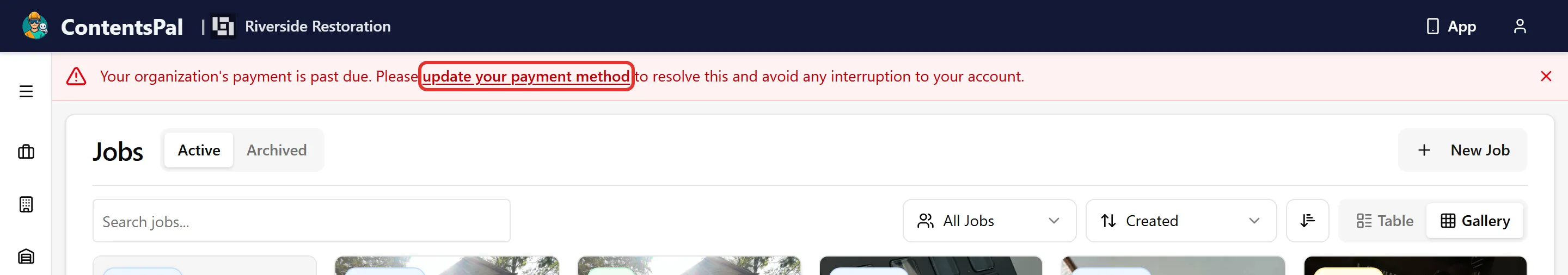 The red past-due banner at the top of the web app, with the update your payment method link highlighted