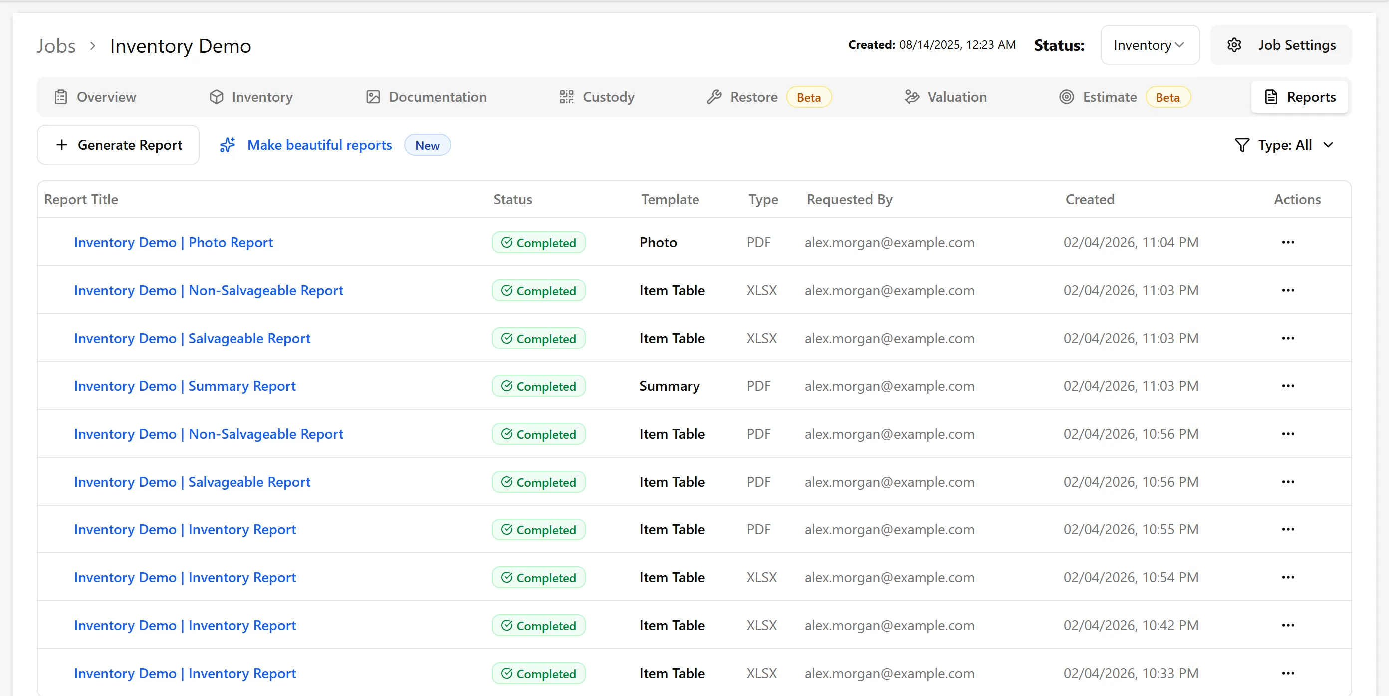 Report History tab showing generated reports