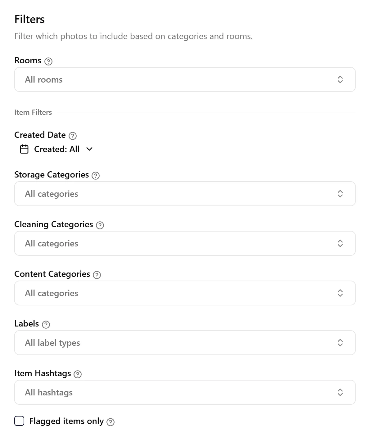Photo Report customization options showing item filters