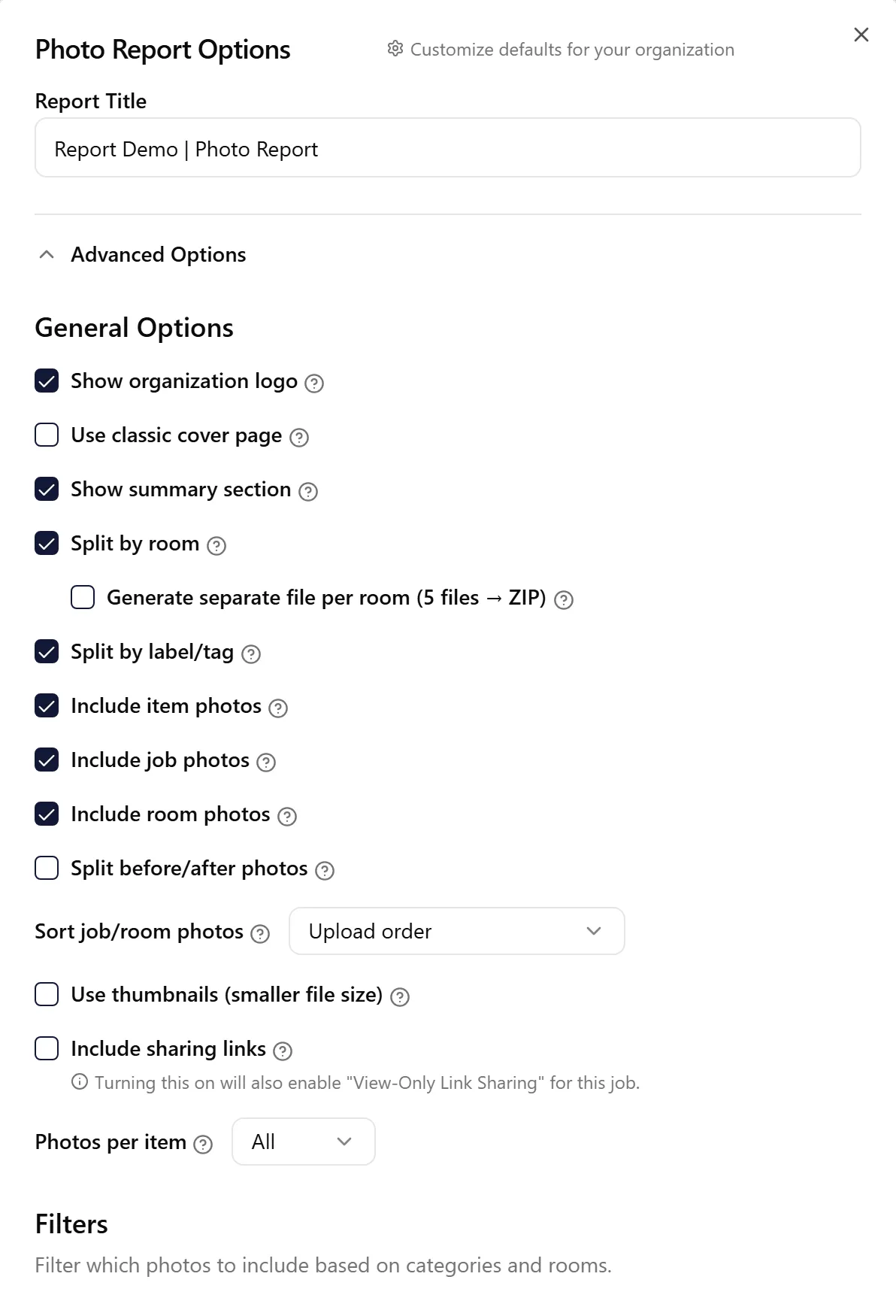 Photo Report customization options