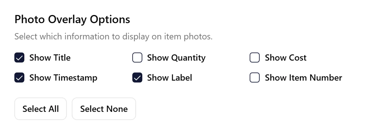 Photo Report customization options showing photo overlays
