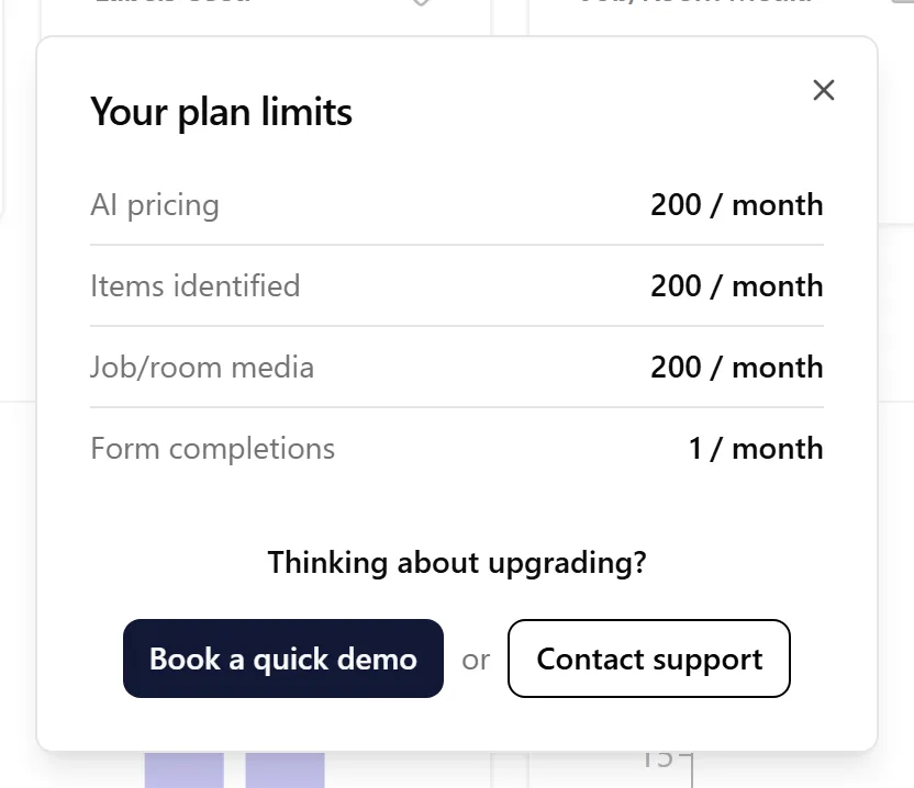The Your plan limits window for the Free plan, with Book a quick demo and Contact support