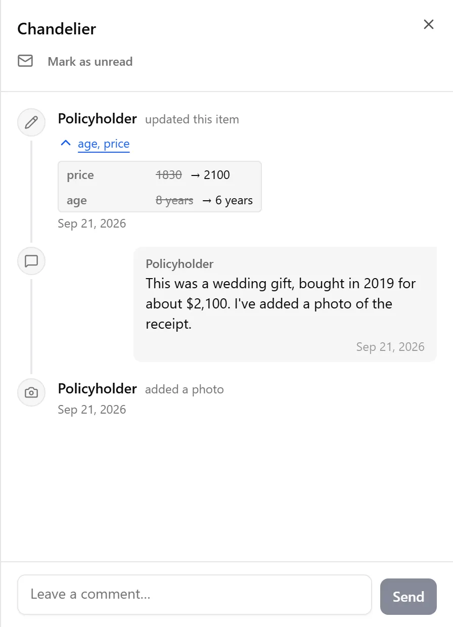 Policyholder Comments Detail View