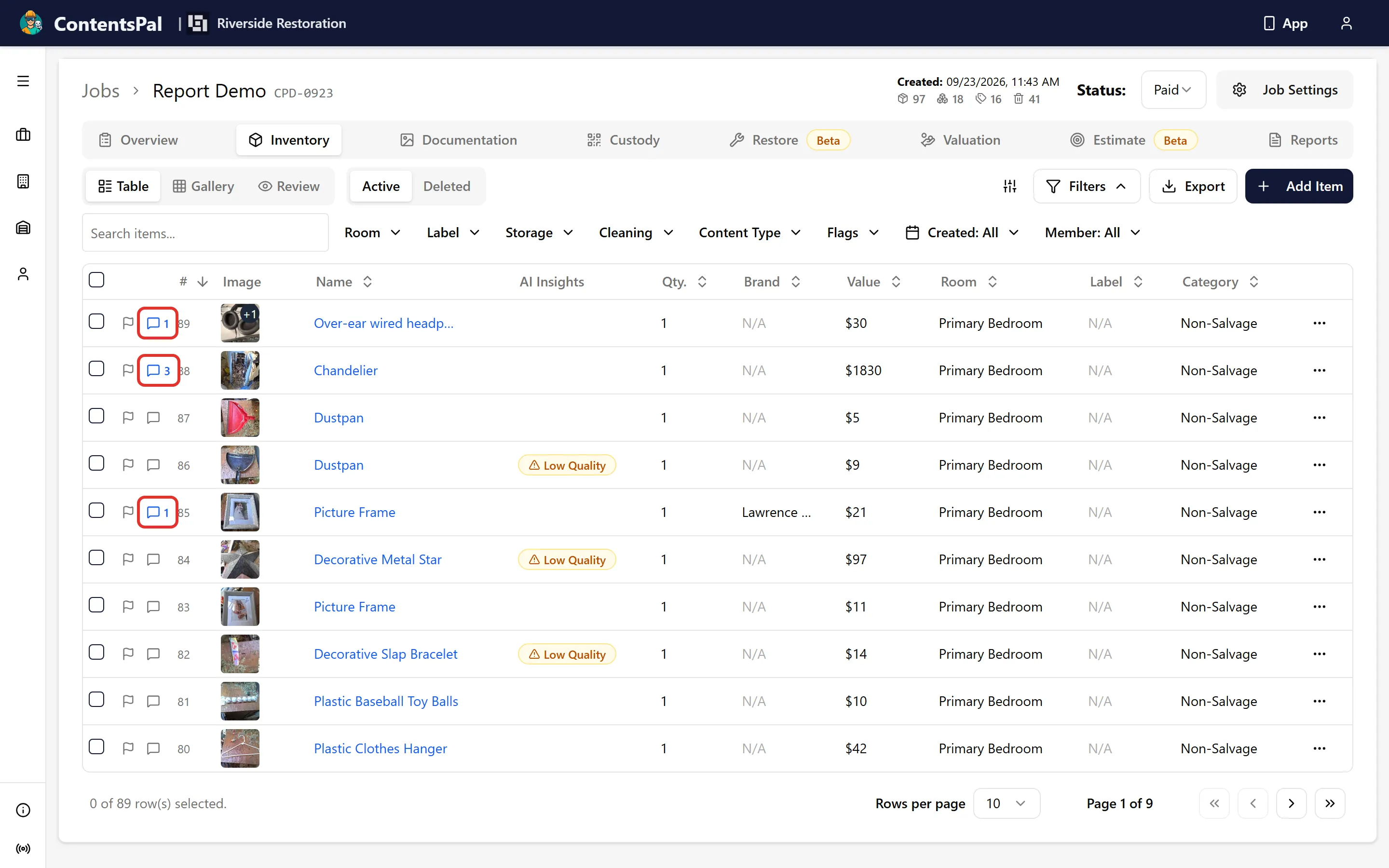 Policyholder Comments Icon in Inventory Table