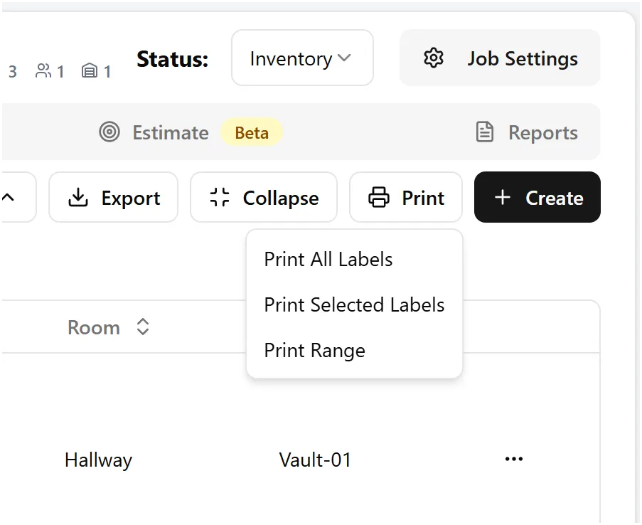 Print menu dropdown with three options