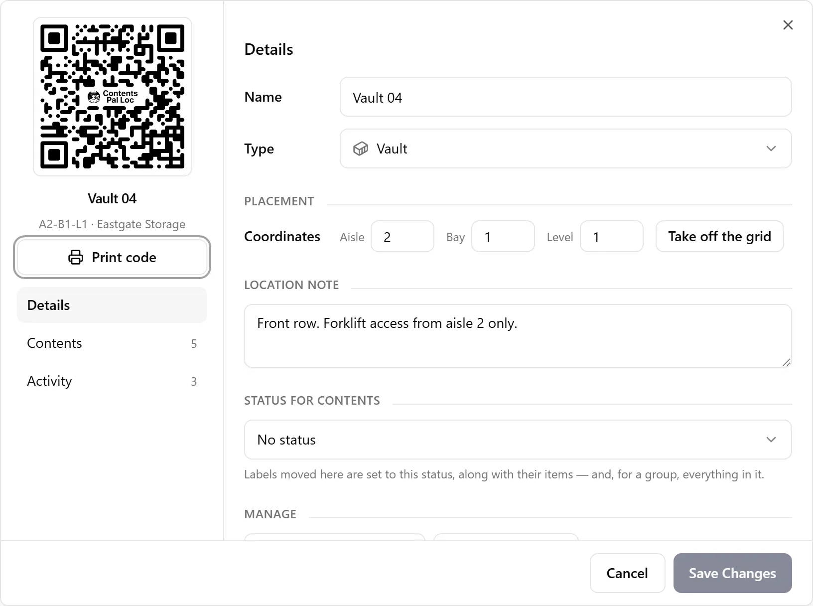 A location’s details window with its QR code and the Print code button