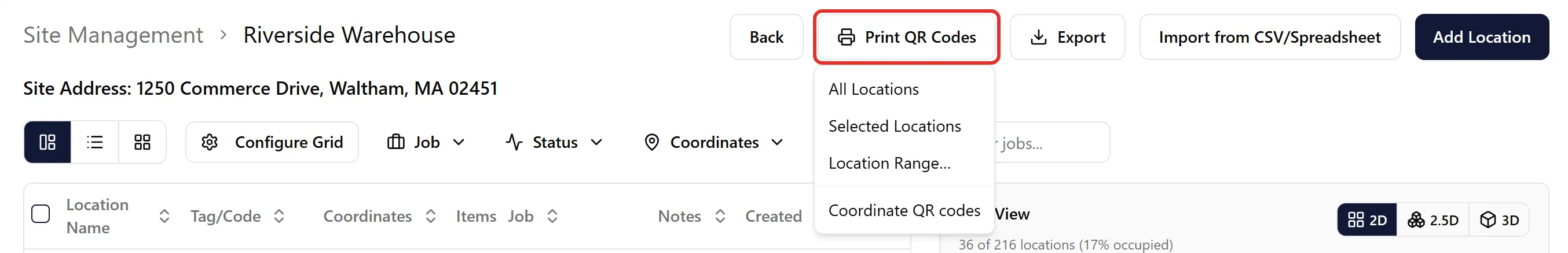 The Print QR Codes menu with All Locations, Selected Locations, Location Range and Coordinate QR codes