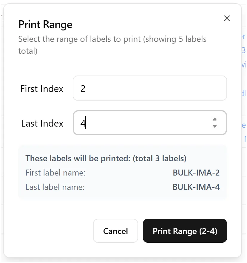Print Range dialog showing index selection and label preview