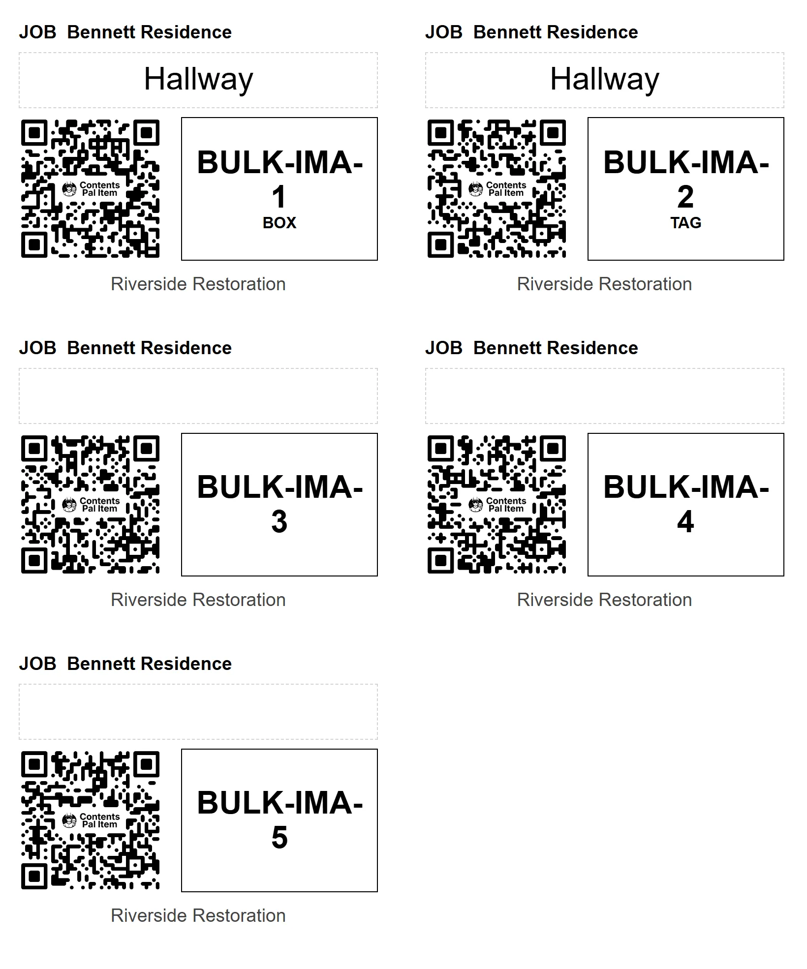 Printed labels in Avery 5164 layout with room name and large QR codes