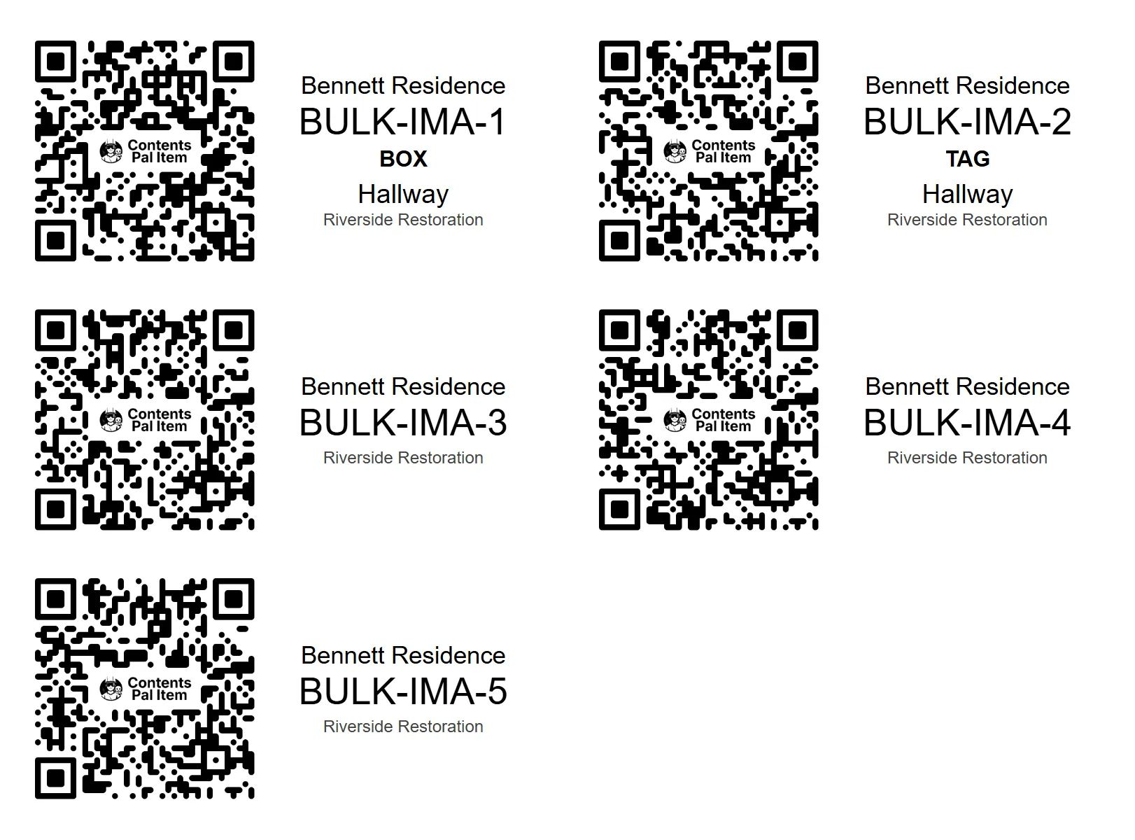 Printed labels in wide layout showing QR codes with job and item details