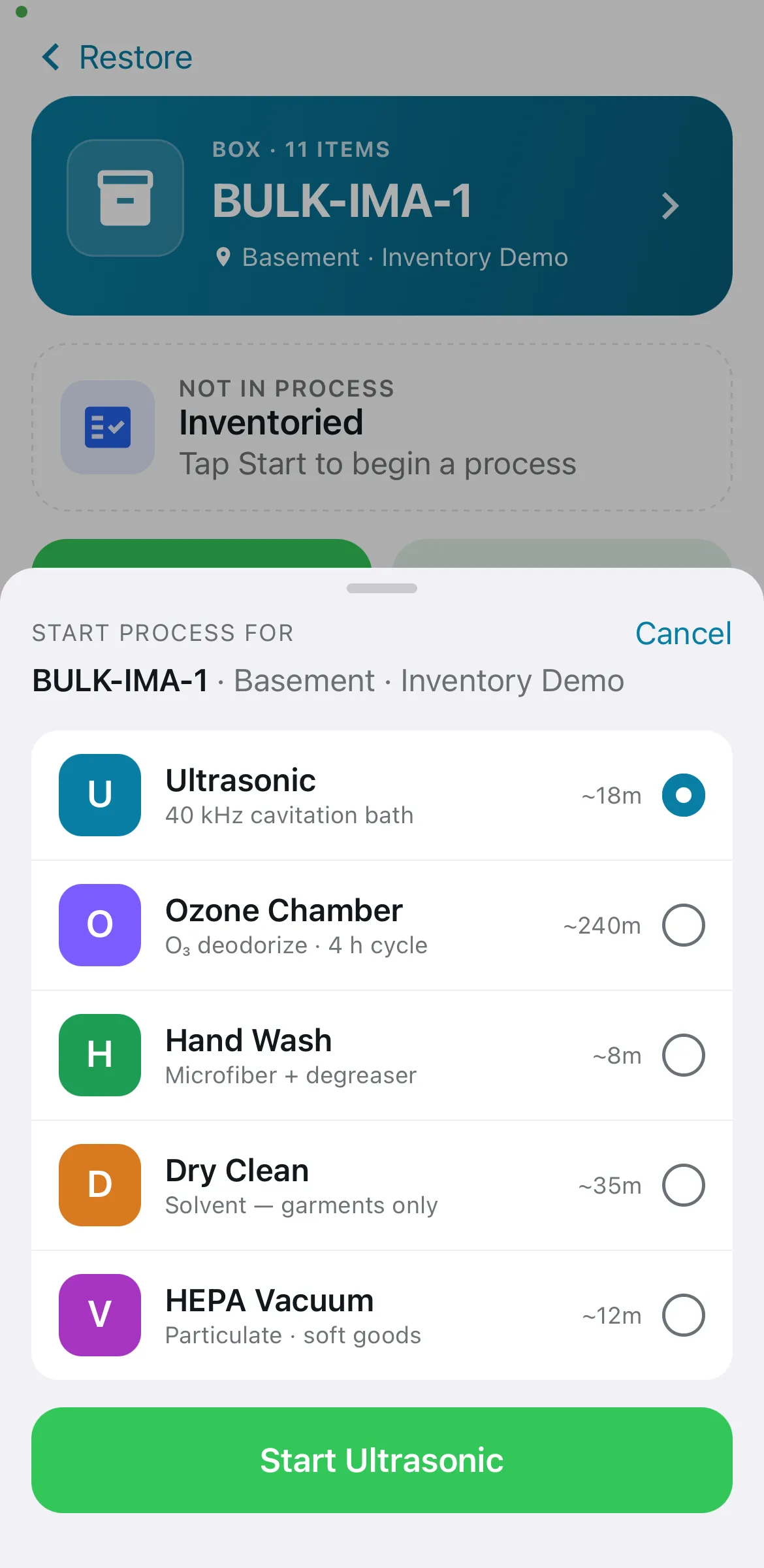 Process picker sheet listing the cleaning processes