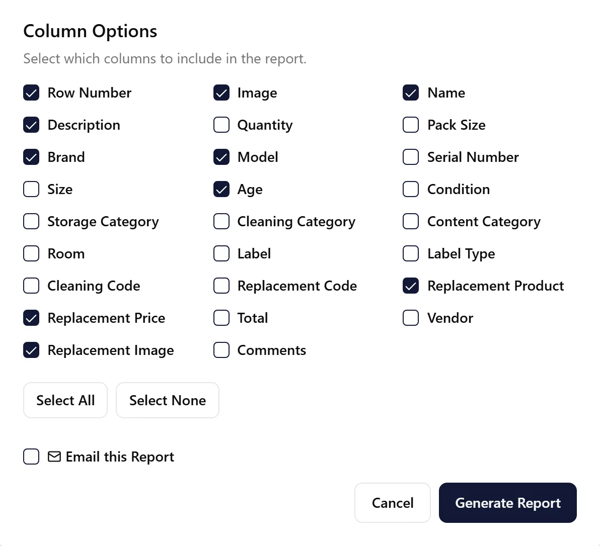 Replacements Report column selection