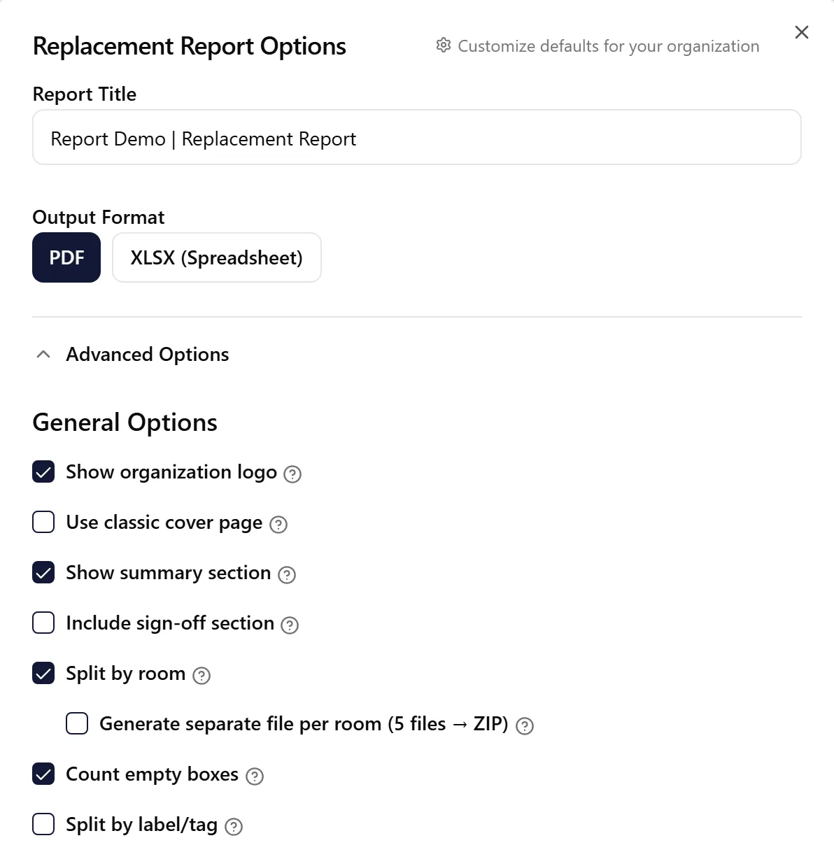 Replacements Report customization options