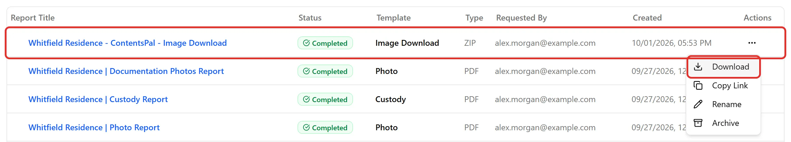 Reports tab with the Image Download row and its Download action