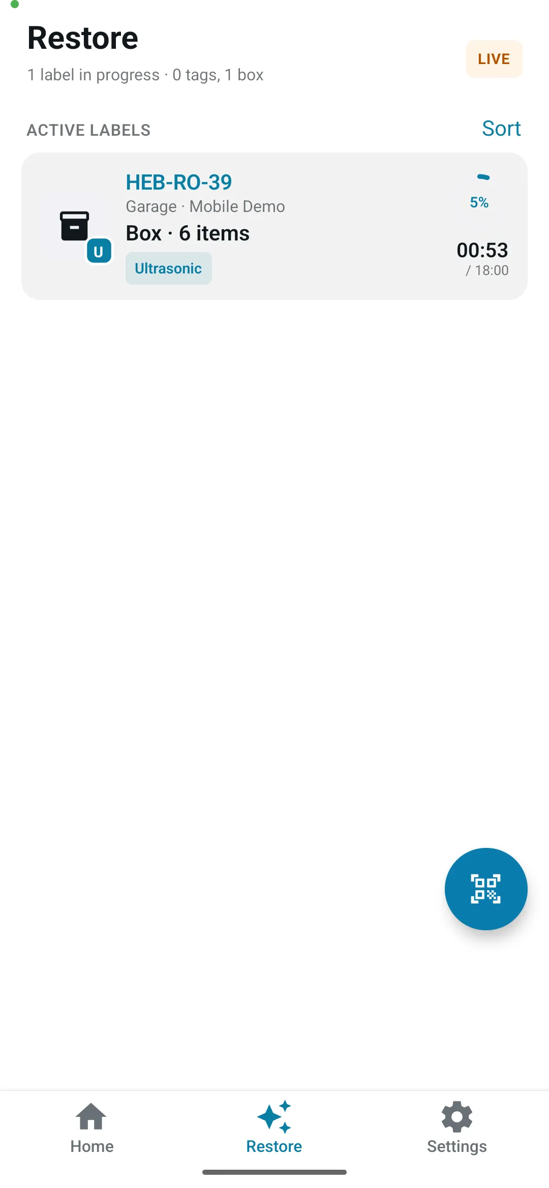 Restore tab showing one active label in progress
