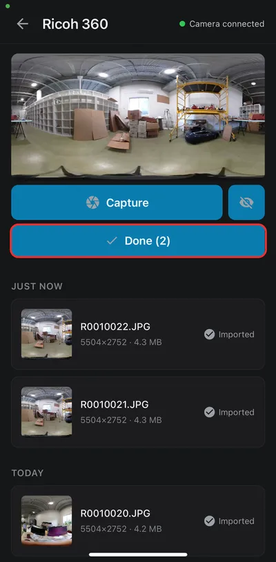 Done button after importing photos