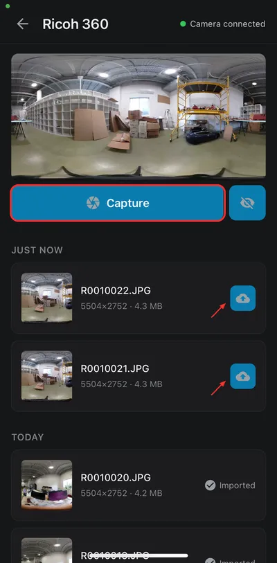 Ricoh 360 screen with Capture button and import buttons