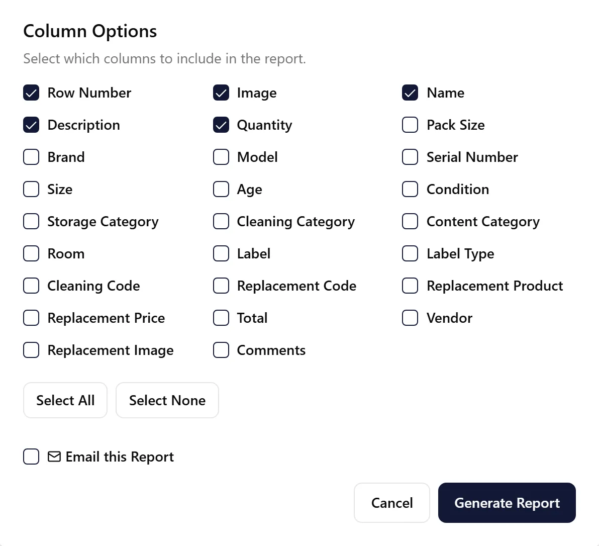 Salvageable Report column options