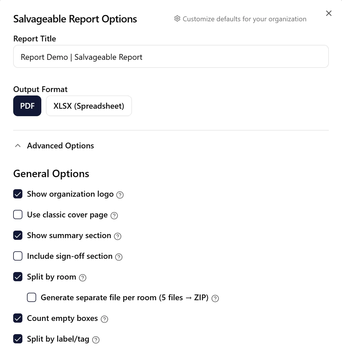 Salvageable Report customization options