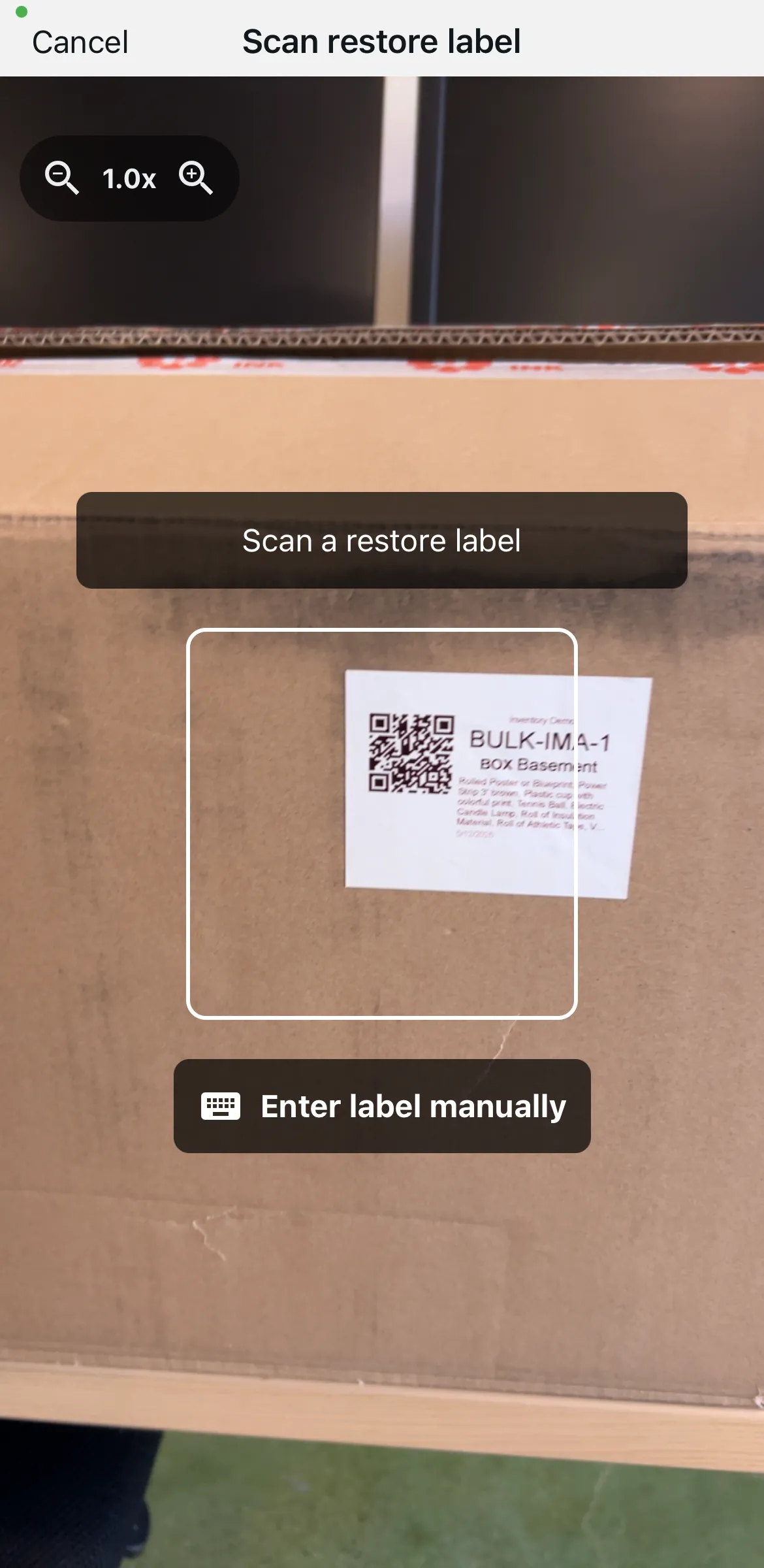 Scanning a restore label QR code