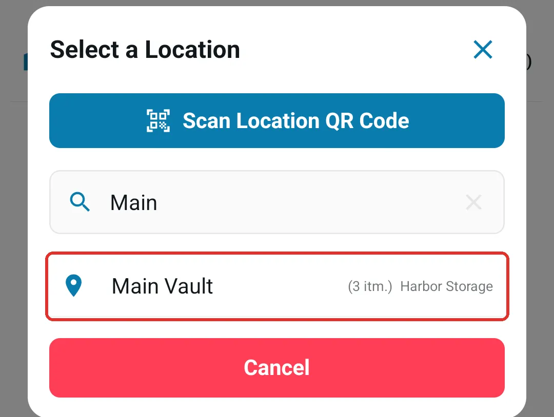 The Select a Location list, searchable by location or site