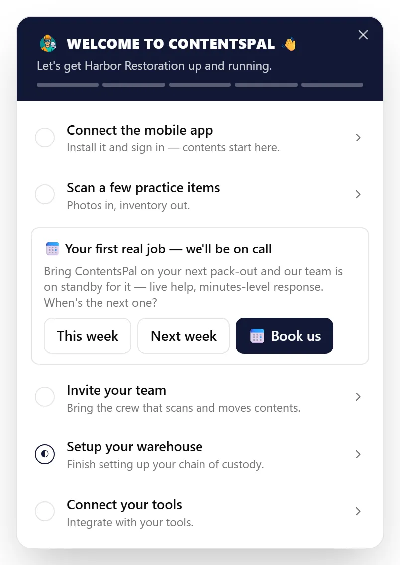 The setup checklist with the first real job card