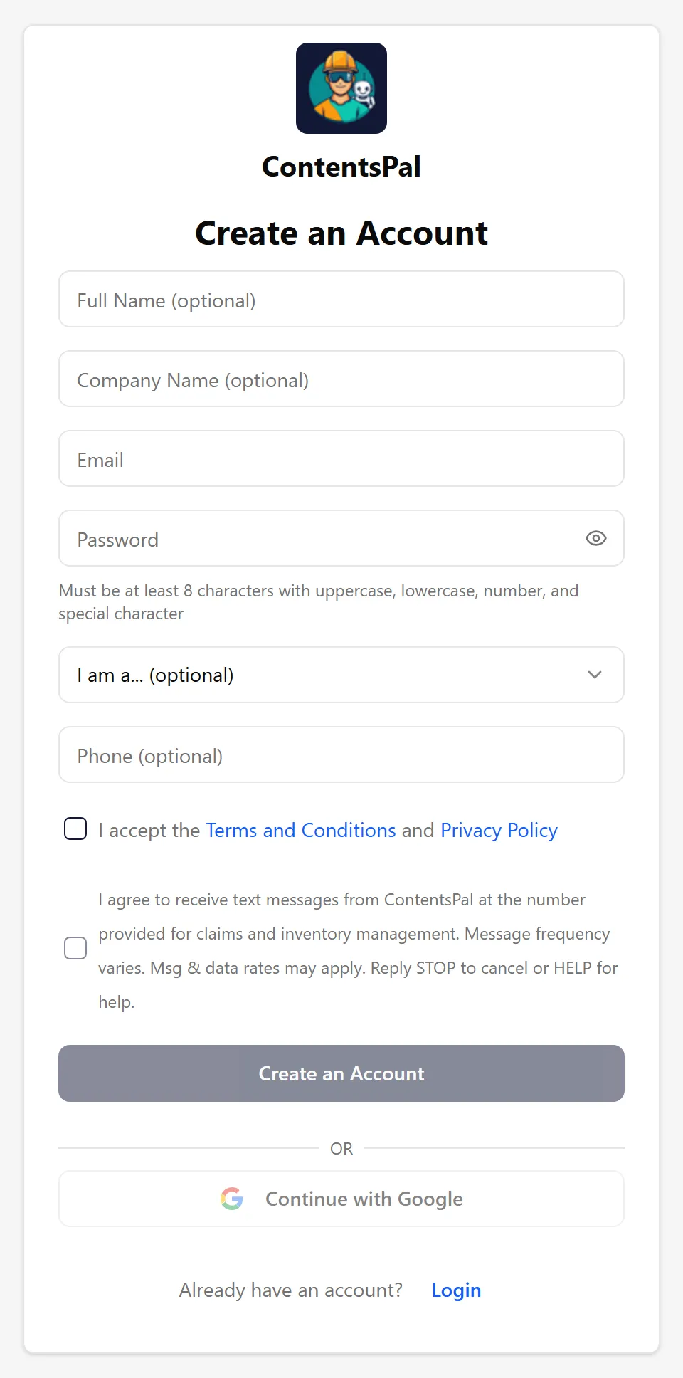 The Create an Account form