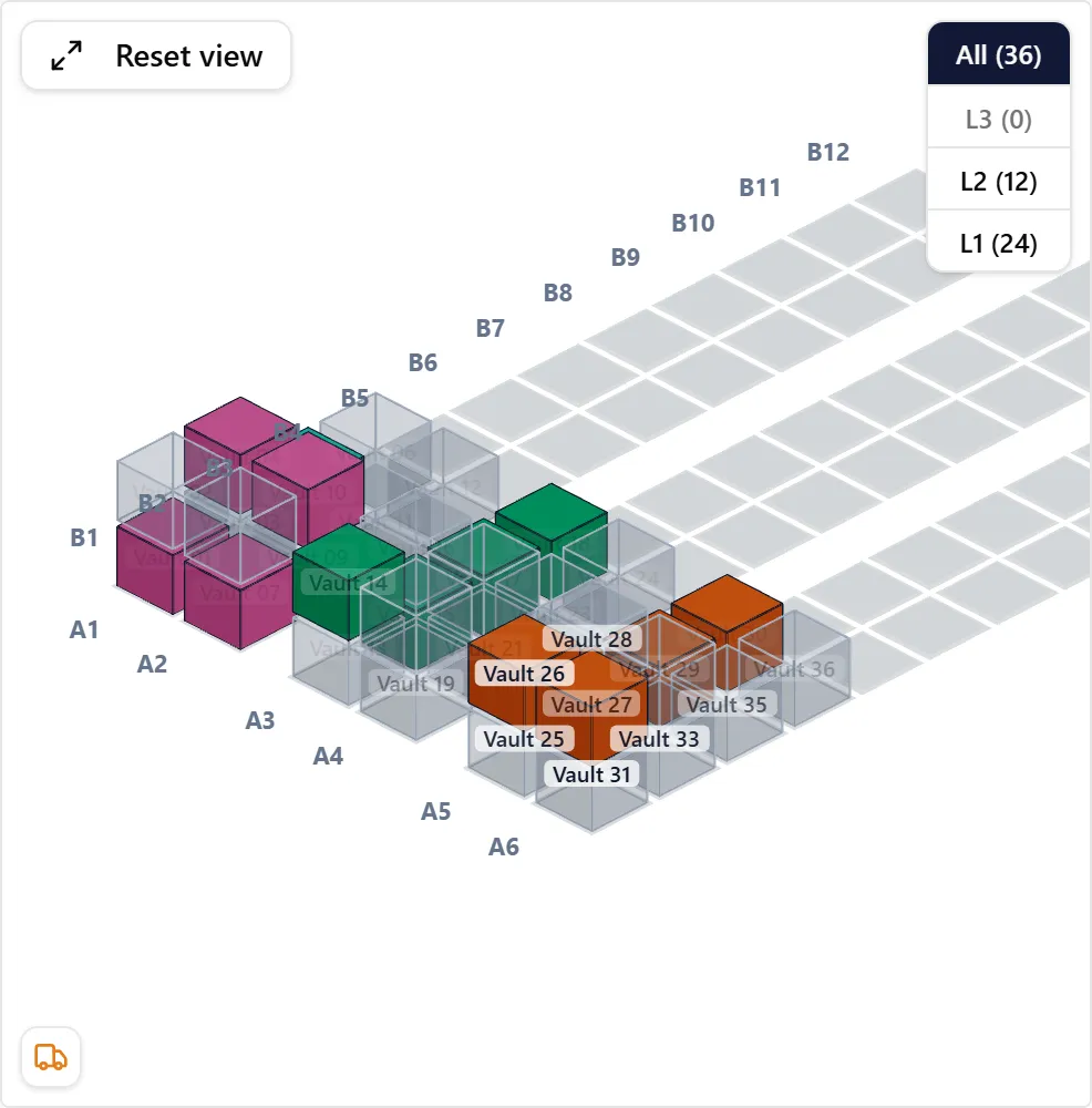 A site’s floor map in 3D, with occupied vaults colored by job