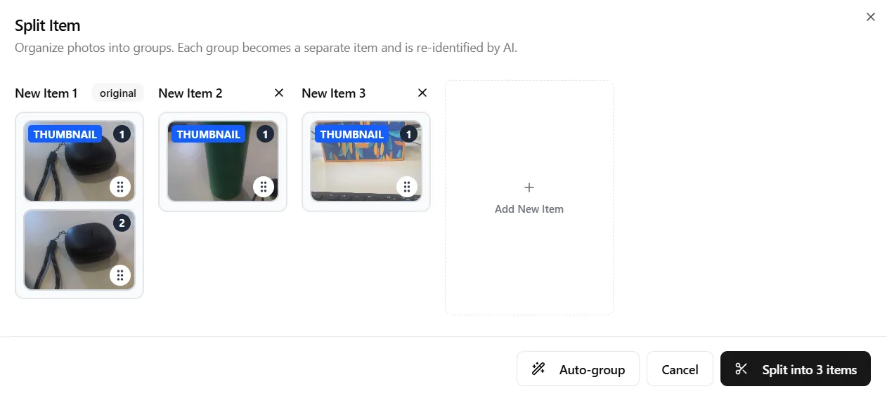 Split Item dialog showing photos organized into groups