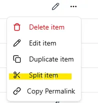 Item dropdown menu with Split item option