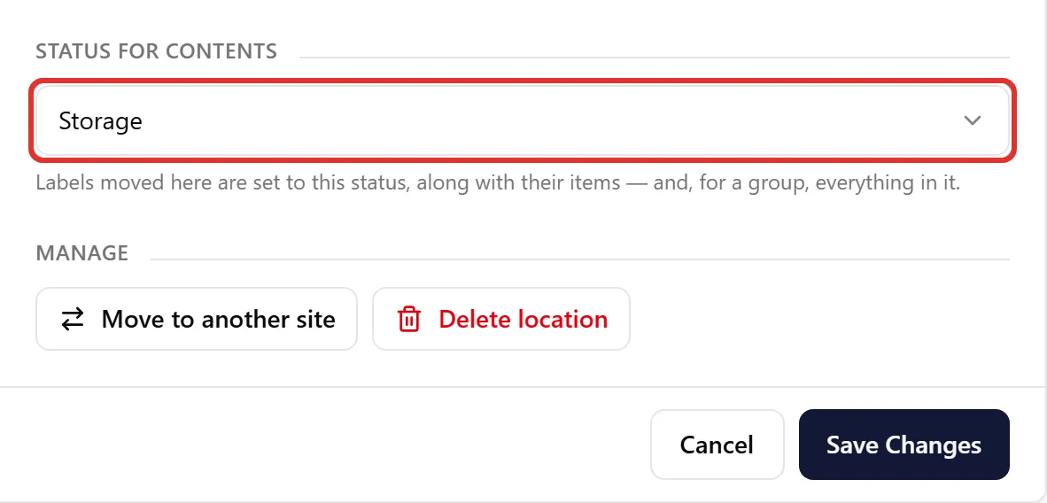 Status for contents set to Storage, with unsaved changes