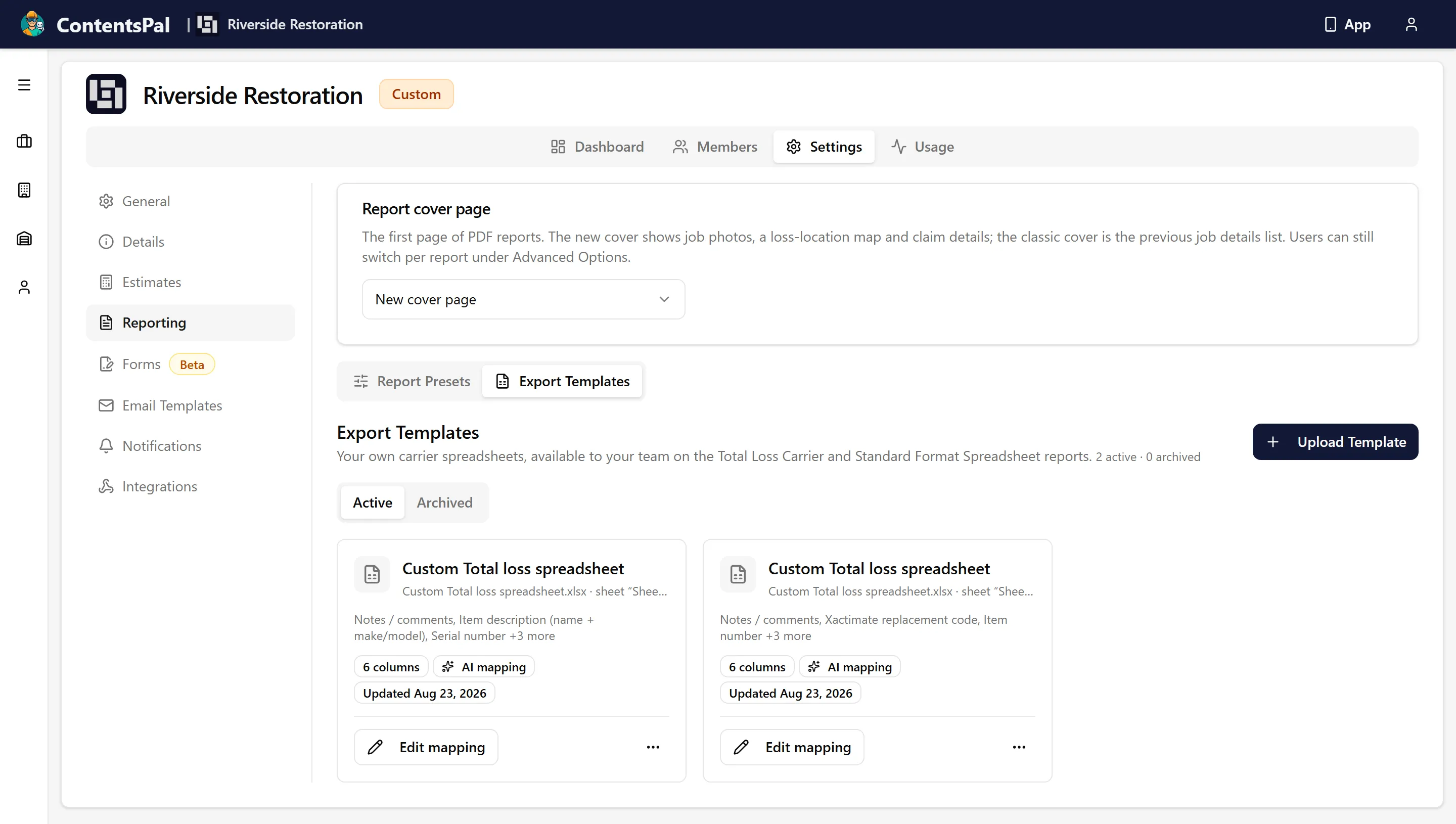 A saved template on the Export Templates tab